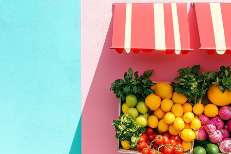 A charming market stall showcases an array of fresh fruits and vegetables, illuminated by bright colors and playful shadows, creating an inviting atmosphere for shoppers.の素材