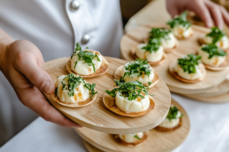 Delicate appetizers are presented on wooden platters, each topped with creamy ingredients and vibrant green herbs.の素材