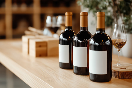 Three dark wine bottles with blank labels are displayed on a wooden table beside a glass of white wine, creating an inviting atmosphere in a stylish tasting room.の素材