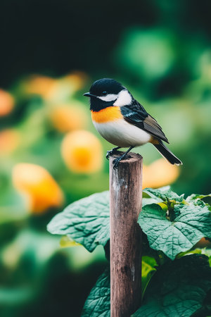 A striking bird with black and orange plumage stands gracefully on a wooden post, surrounded by lush green leaves and blooming yellow flowers under clear blue sky, showcasing nature's beauty.の素材
