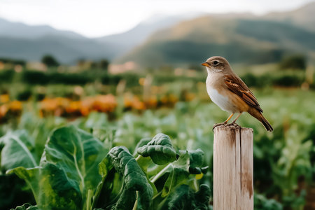 A delightful sparrow stands proudly on a wooden post, surrounded by vibrant green crops and distant mountains during the golden hour. The peaceful rural setting showcases nature's beauty.の素材