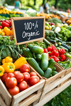 Colorful crates filled with fresh organic vegetables create a lively atmosphere in an outdoor market. Customers browse an array of tomatoes, peppers, cucumbers, and greens in the sunlight.の素材