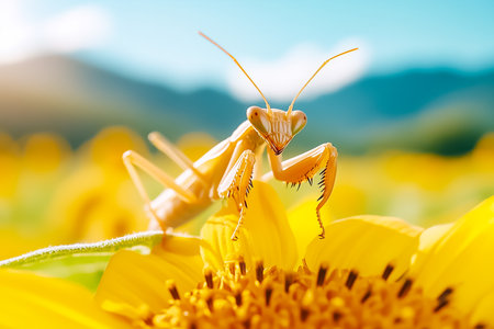 A yellow mantis confidently sits on a sunflower, blending with the bright petals under a clear blue sky. The sunlit backdrop highlights the beauty of blooming flowers and mountains.の素材