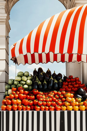 A bustling market stall features an array of fresh vegetables, with bright tomatoes, colorful eggplants, and inviting watermelons.の素材