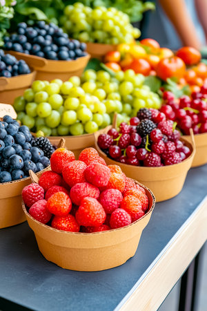 Vibrant baskets filled with ripe raspberries, blueberries, and grapes are displayed at a farmers market. Seasonal fruits attract shoppers seeking fresh produce in a sunny atmosphere.の素材