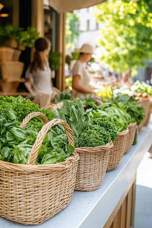 Lush baskets filled with various leafy greens are displayed at a bustling market. Shoppers are enjoying the lively atmosphere, surrounded by fresh produce on a sunny day.の素材