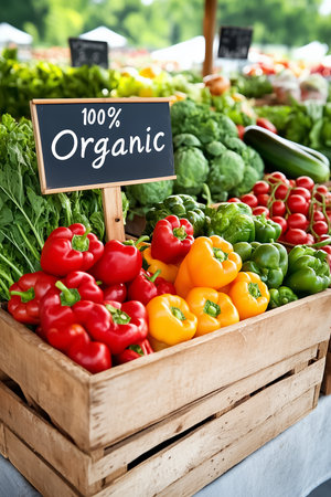 Colorful vegetables including red, yellow, and green peppers are beautifully displayed at a farmers market. The organic produce highlights healthy choices in a lively outdoor setting.の素材