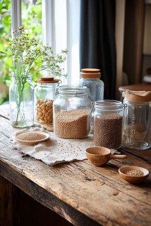 A rustic wooden table showcases glass jars filled with various grains, seeds, and herbal arrangements. Sunlight spills in from a window, enhancing the warm atmosphere.の素材