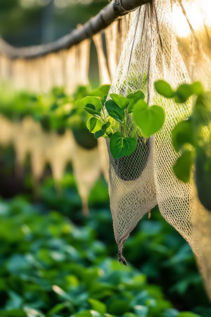 Seedlings in small pots dangle from a netting structure, catching warm sunlight in a lush nursery. The vibrant green leaves reflect the promise of new life and growth.の素材