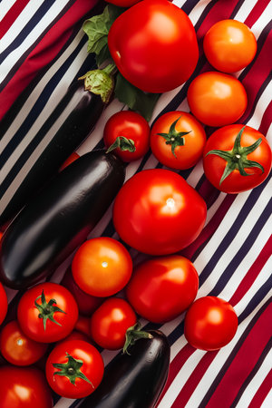 A colorful display of assorted tomatoes and glossy black eggplants arranged on bold striped fabric. This arrangement highlights the freshness and richness of farm-grown vegetables.の素材