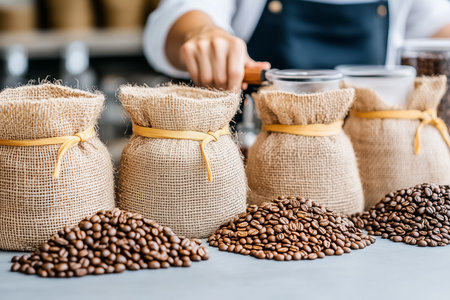 Burlap sacks filled with artisan coffee beans sit on a market table, while a barista prepares a blend. Morning light enhances the warm tones, inviting aroma wafts through the air.の素材