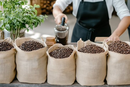 A skilled barista carefully measures freshly roasted coffee beans from burlap sacks at a warm, inviting market. The vibrant green plant adds a touch of nature to the rustic atmosphere.の素材