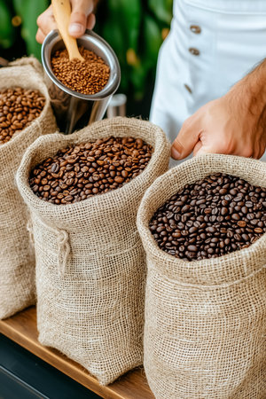 Hands carefully pour roasted coffee beans from a metal container into burlap sacks, highlighting the rich variety of flavors and textures in a bustling market atmosphere.の素材