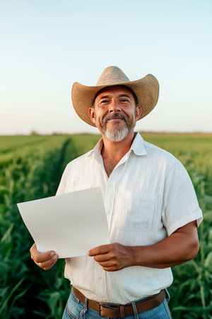 A farmer stands confidently in lush, green fields, displaying his organic certification document with pride. The bright sky enhances the serene rural atmosphere.の素材