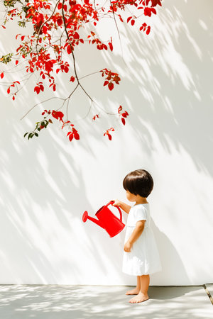 A young child joyfully waters plants in a pesticide-free garden, surrounded by bright red leaves, captivated by the beauty of nature and the joy of nurturing life.の素材