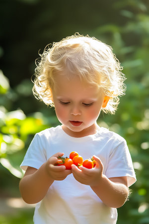 Delight shines in the child's eyes as they proudly admire a handful of vibrant organic cherry tomatoes, surrounded by the lush greenery of a sun-kissed garden.の素材