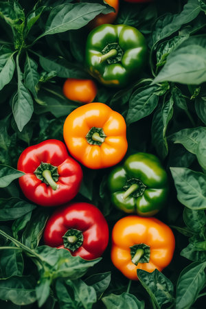 Organic bell peppers showcase their vibrant hues of red, yellow, and green as they flourish among lush green leaves in a tranquil garden. Sunlight highlights their natural beauty.の素材