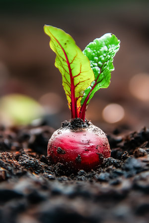 This vibrant beet, freshly pulled from the earth, showcases a rich texture with soil clinging to its skin.の素材