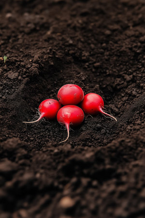 Radishes peek out from dark earth, their vibrant red skins contrasting beautifully with the soil. This sight captures nature's bounty just before a fresh harvest, inviting culinary creativity.の素材