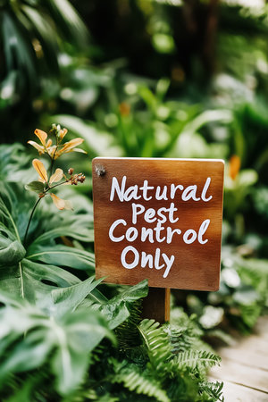 A wooden sign stands in a verdant garden, displaying the message Natural Pest Control Only, surrounded by thriving greenery and various plants that enhance the environment's beauty and health.の素材