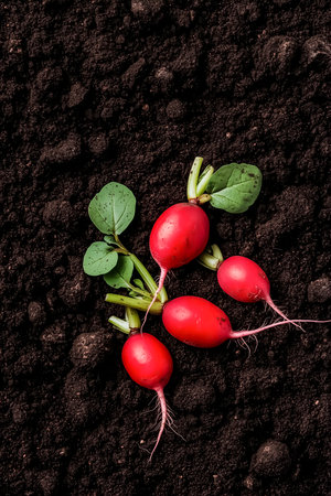 Bright red radishes are breaking through the dark earth, displaying their lush green leaves as they prepare for harvest in a tranquil garden. The earthy backdrop enhances their vivid hue.の素材