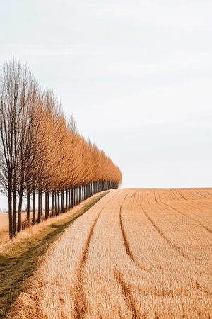 Expansive golden wheat field gently sways under a clear sky, lined with tall, bare trees. A serene landscape celebrating the beauty of nature, inspiring agricultural tourism.の素材