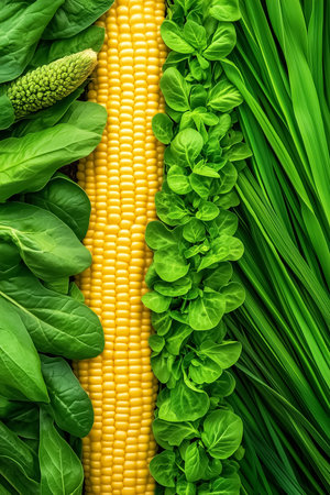Colorful display of fresh corn flanked by leafy greens in a bright kitchen, promoting the concept of nutrition and healthy eating, ideal for meal prep.の素材