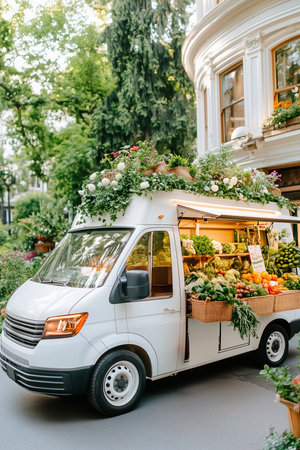 A vibrant vendor truck filled with fresh fruits and vegetables is parked in a cozy garden.の素材