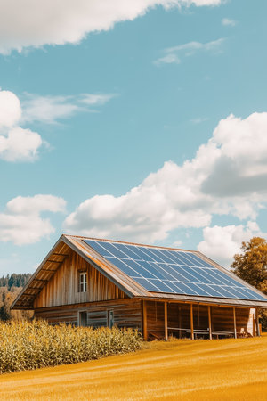 A solar-equipped wooden house stands proudly in the countryside, surrounded by vibrant green fields under a bright blue sky with fluffy clouds, promoting sustainable living.の素材