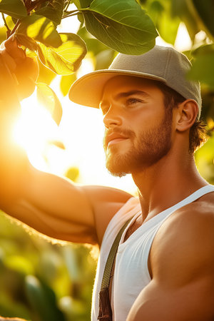 A muscular man stands among lush green foliage, reaching for leaves as the sun sets, casting a warm glow. He appears focused and at peace, embodying a harmonious connection with nature.の素材