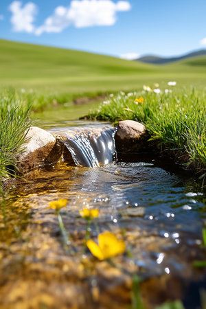 A clear stream flows gently over smooth stones, surrounded by lush green grass and colorful wildflowers. This picturesque setting evokes peace and harmony in the natural world.の素材