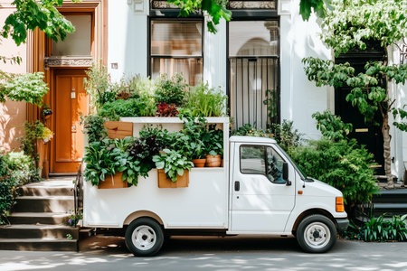 A white truck brimming with various plants is parked outside charming homes in a sunny neighborhood, highlighting the beauty of urban gardening and nature's diversity in this vibrant setting.の素材
