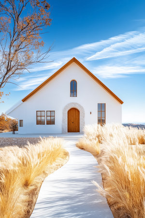A modern white house sits amid tall golden grasses, with a clear blue sky overhead. The inviting path leads to an elegant wooden door, highlighting peaceful outdoor living.の素材