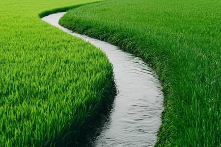 A serene river flows gracefully through vibrant green rice fields under a clear sky, showcasing nature's beauty and tranquility. Ideal for promoting sustainable agriculture and outdoor enjoyment.の素材