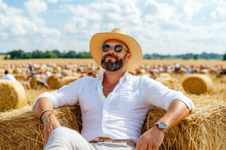 Man relaxing comfortably on hay bales under sunny sky enjoying peaceful atmosphere and warm weather concept of leisure outdoor events agriculture rural lifestyle.の素材