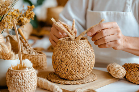 Hands carefully weaving decorative basket filled with dried plants. Stylish workspace with natural materials. Concept crafting, interior design, artisanal products.の素材