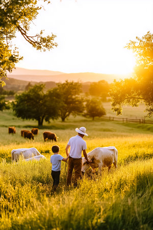 Father and child walking through golden grass cows grazing in background beautiful sunset illuminating peaceful rural scene concept of family bonding agriculture livestock farming.の素材