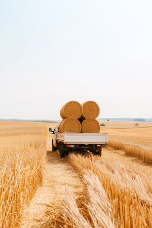 Truck carrying hay bales moving down pathway in golden field, sunny weather with blue sky, rural landscape showcasing farming activity, concept of agriculture, farming businesses, harvest season.の素材