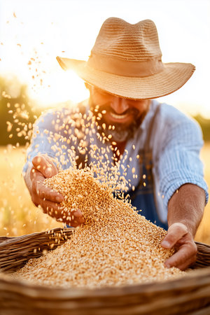 Man pouring grains from basket, joyful expression with sunlight creating warm glow, harvest activity in golden wheat field, concept of agriculture, farming, rural livelihood, food production.の素材