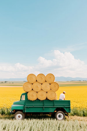 Farm truck transports stacked hay bales across bright yellow fields with distant mountains in view, sunny day setting, concept of agriculture, farming, rural lifestyle.の素材