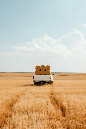 Truck parked in golden wheat field with six hay bales visible in the truck bed, vast open space surrounds vehicle under blue sky, concept of farming, agriculture, rural life.の素材