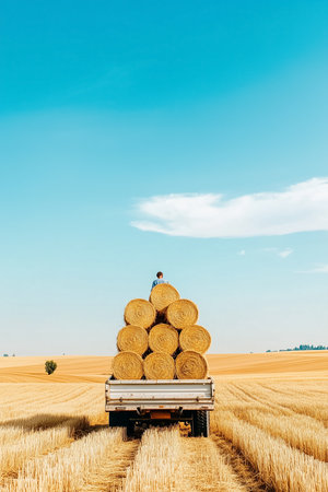 Farmer stacking hay bales on truck in vast golden field under clear blue sky creating an agricultural setting, concept of farming, harvest seasons, rural life.の素材