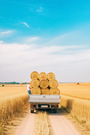 Farmer loading hay bales onto truck along dirt road in golden wheat field, clear blue sky setting, agricultural activity showing farm life concept, rural farming business, harvest.の素材