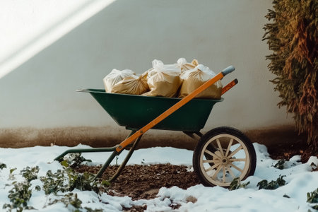 Wheelbarrow loaded with bags of waste resting on snowy ground, showcasing a clean-up activity in an outdoor setting. Concept of gardening, landscaping, outdoor maintenance, home improvement.の素材