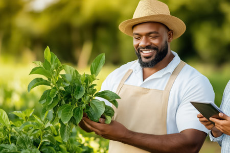 Man in straw hat smiling while holding fresh green plants, sunny farm setting with lush greenery, concept of sustainable agriculture, organic farming, community supported agriculture.の素材