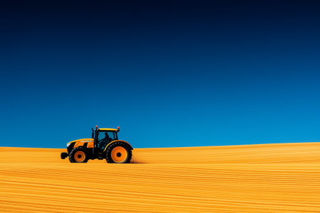 Tractor moving across golden fields with patterned soil, bright blue sky above, expansive agricultural landscape, concept of farming, crop cultivation, agricultural industry.の素材