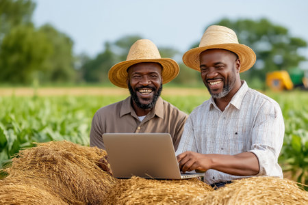 Two farmers smiling while using laptop on hay bales in vibrant green field under clear sky. Scene shows collaboration and technology. Concept smart farming, teamwork, agricultural innovation.の素材