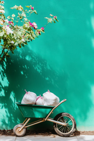 Wheelbarrow filled with garbage bags positioned against vibrant green wall, capturing essence of outdoor cleanup effort in urban environment, concept of sustainability, waste management, gardening.の素材
