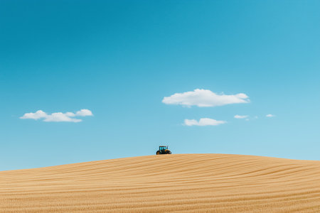 Tractor working on golden wheat field under clear blue sky surrounded by distant fluffy clouds, peaceful rural setting showcasing agriculture and farming.の素材