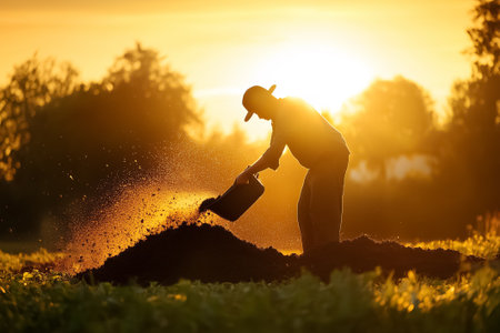 Farmer pouring soil onto farmland during sunset. Warm golden light enhances vibrant colors in an agricultural setting. Concept of farming, horticulture, sustainability.の素材